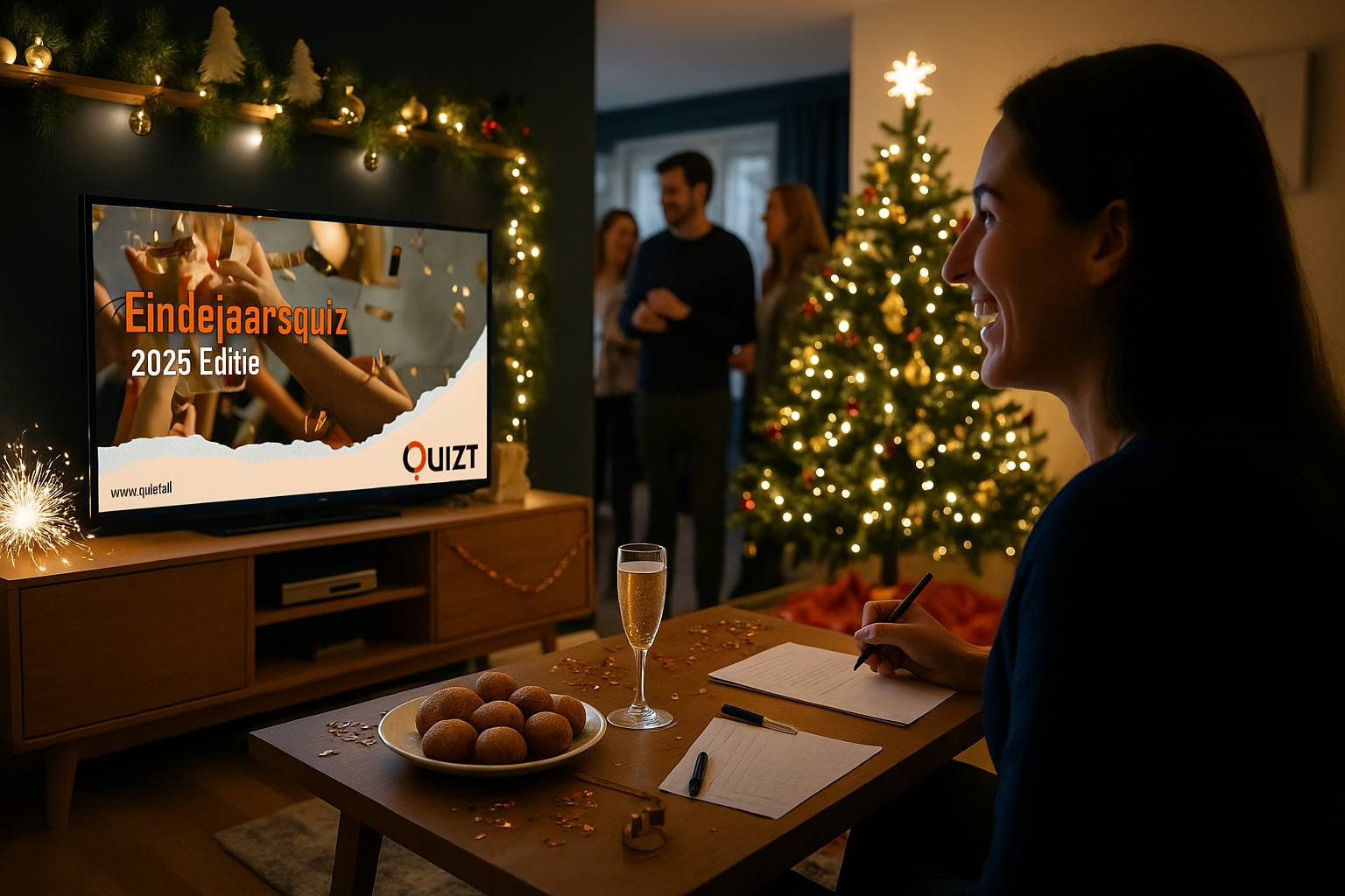 Eindejaarsquiz 2025 op een tv-scherm tijdens een quizavond met teams.